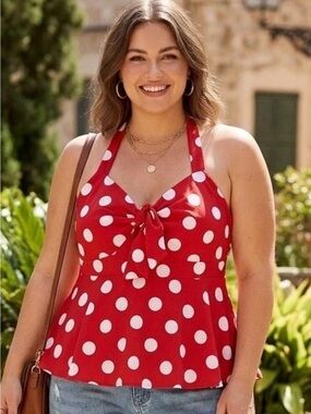 SHEIN Red White Polka Dot Halter Tank Top